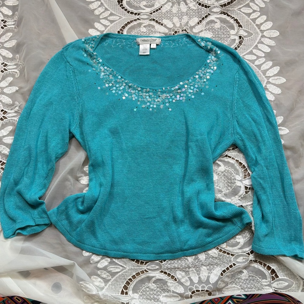 Y2K Beaded Teal Fairy Linen Blend Sequin Embellished Scoop Neck Sweater L